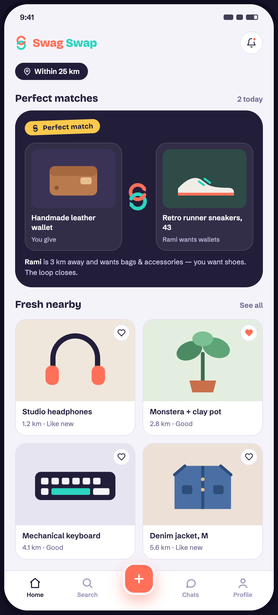 The Swag Swap feed: a Perfect match pairing a handmade wallet with retro sneakers, and fresh items nearby with their distances.